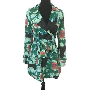 BANANA REPUBLIC Sz S Floral Belted Trench Coat Green Multicolor Double Breasted